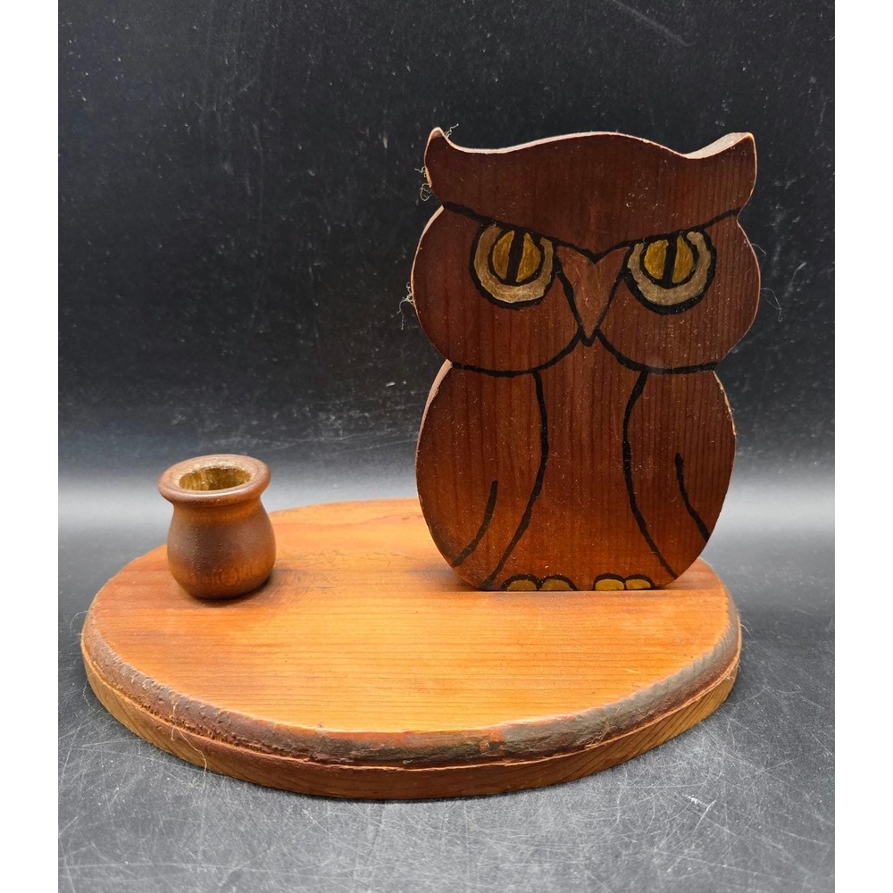 Vintage Wooden Owl Figurine on Base with Small Pot Rustic Folk Art Decor Brown